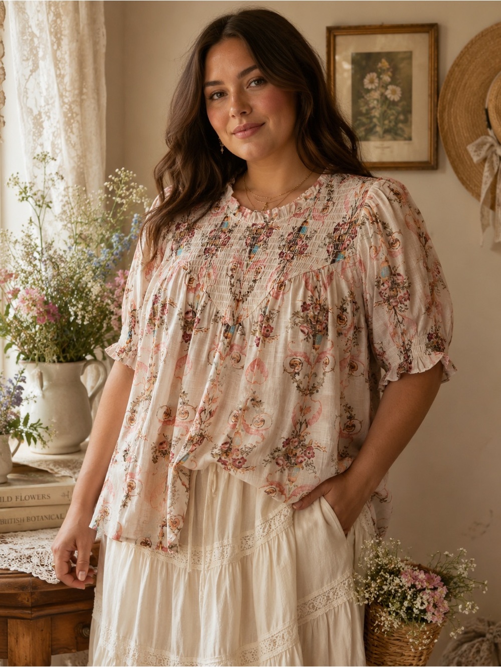 ROSE & OLIVE Floral Smocked Ruffle Romantic Victorian Blouse Size XL